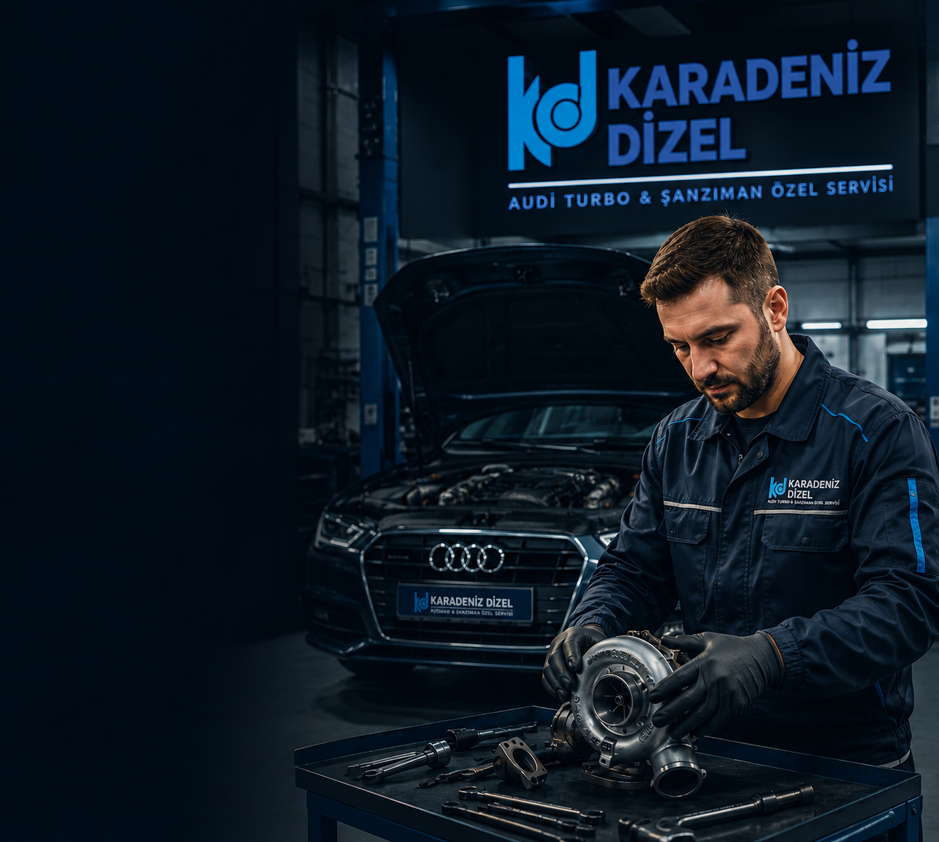 Karadeniz Dizel Oto Servis teknisyeni Audi araca müdahale ederken